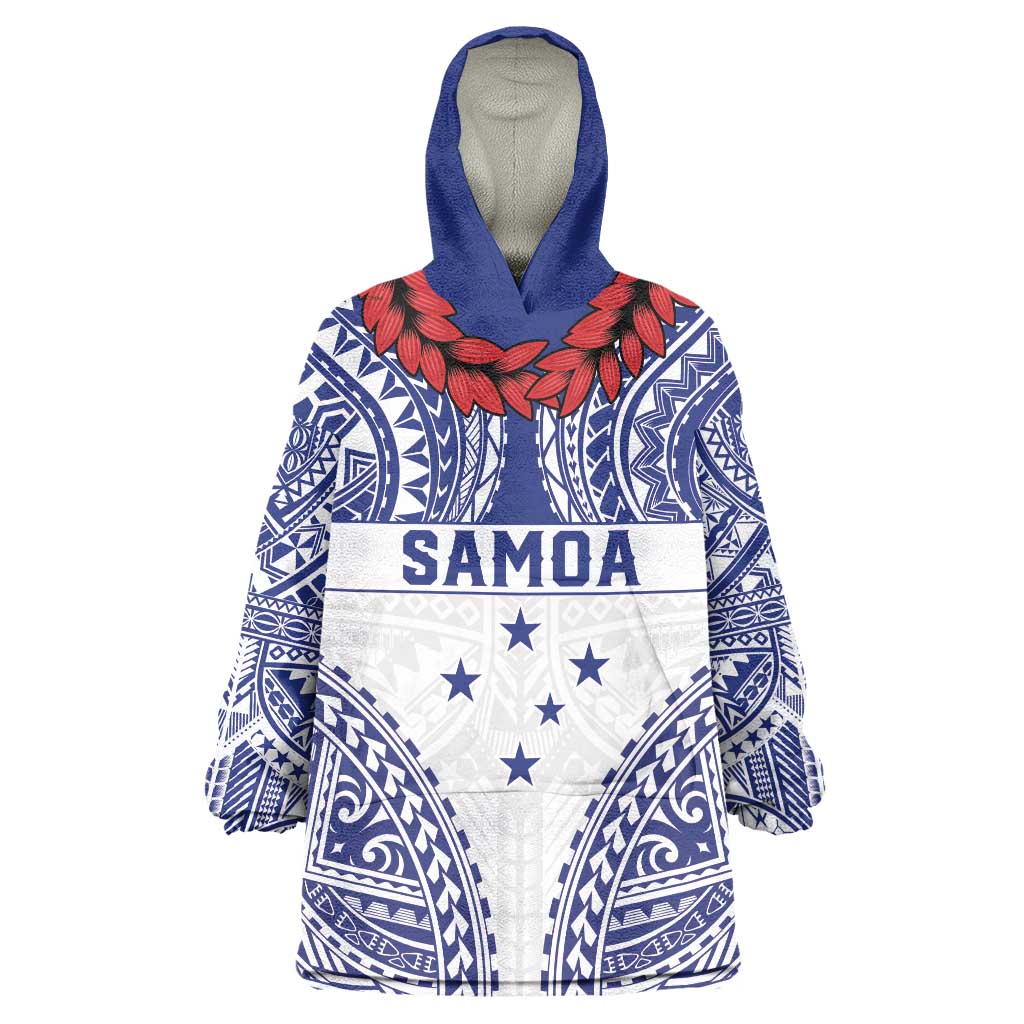 Personalised Toa Samoa Rugby Spirit Wearable Blanket Hoodie White Samoan Tribal Pattern - Polynesian Pride