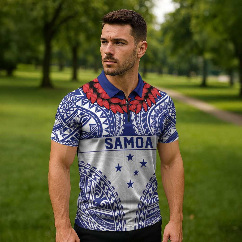 Personalised Toa Samoa Rugby Spirit Zipper Polo Shirt White Samoan Tribal Pattern LT9 - Polynesian Pride