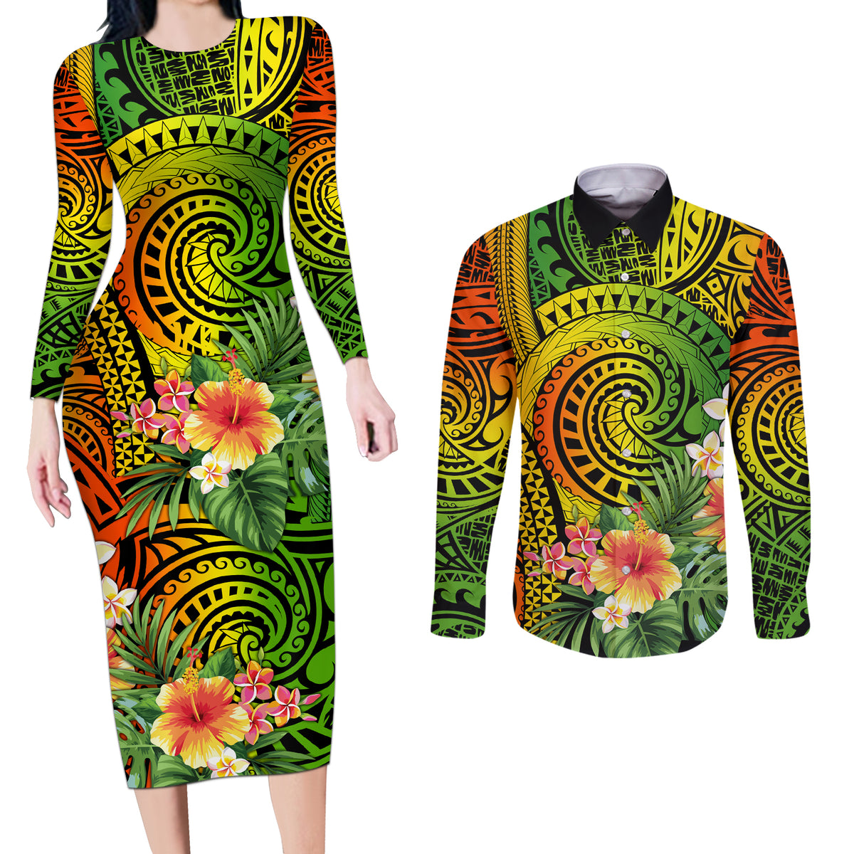 Polynesia Couples Matching Long Sleeve Bodycon Dress and Long Sleeve Button Shirt Pasifika Tribal with Tropical Flowers LT9 Reggae - Polynesian Pride