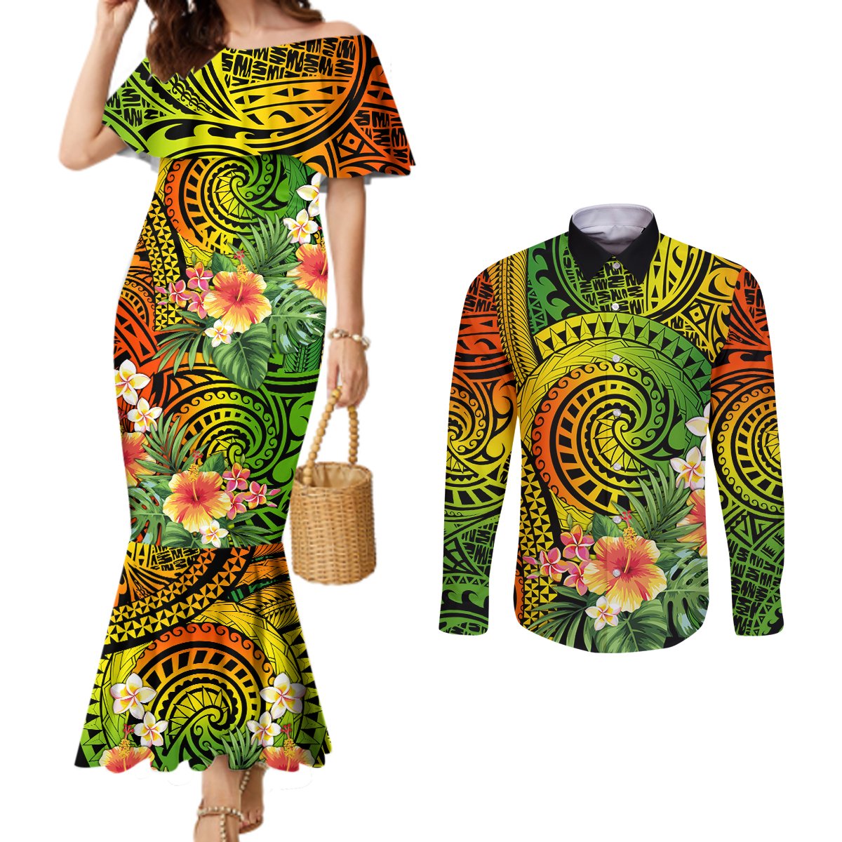 Polynesia Couples Matching Mermaid Dress and Long Sleeve Button Shirt Pasifika Tribal with Tropical Flowers LT9 Reggae - Polynesian Pride