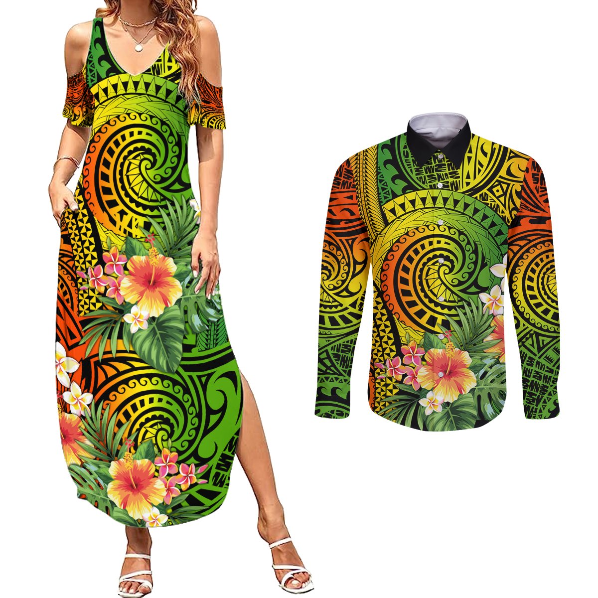Polynesia Couples Matching Summer Maxi Dress and Long Sleeve Button Shirt Pasifika Tribal with Tropical Flowers LT9 Reggae - Polynesian Pride
