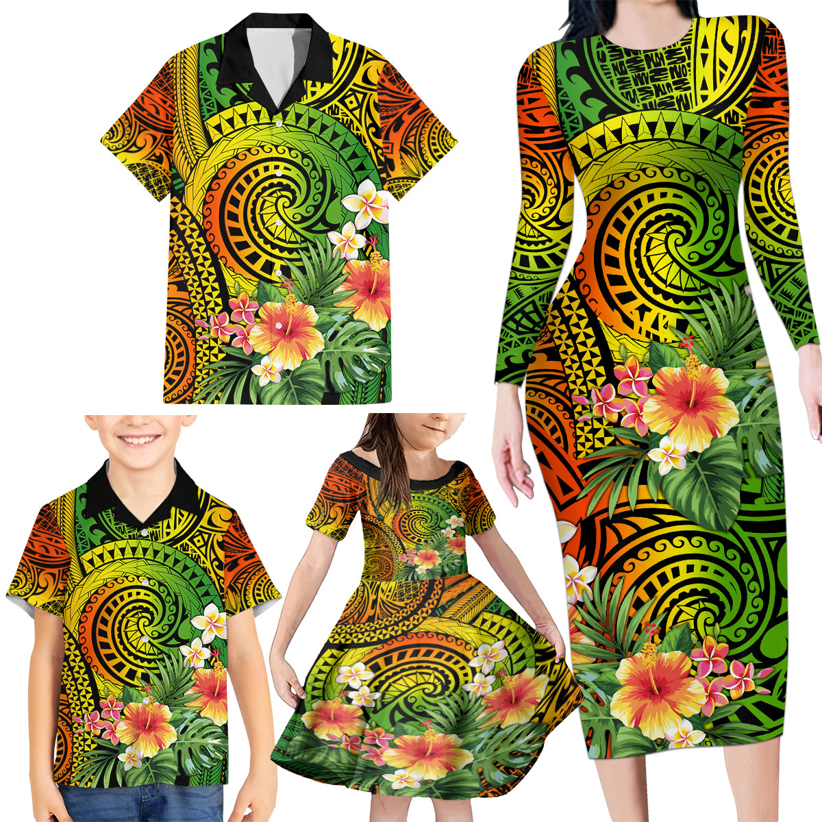 Polynesia Family Matching Long Sleeve Bodycon Dress and Hawaiian Shirt Pasifika Tribal with Tropical Flowers LT9 - Polynesian Pride