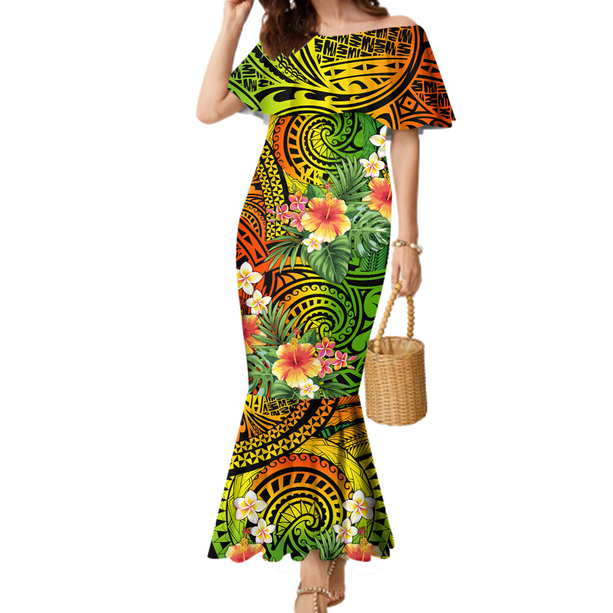 Polynesia Family Matching Mermaid Dress and Hawaiian Shirt Pasifika Tribal with Tropical Flowers LT9 Mom's Dress Reggae - Polynesian Pride
