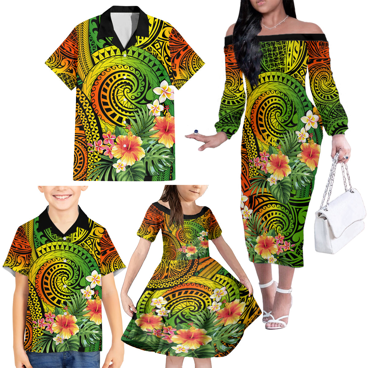 Polynesia Family Matching Off Shoulder Long Sleeve Dress and Hawaiian Shirt Pasifika Tribal with Tropical Flowers LT9 - Polynesian Pride