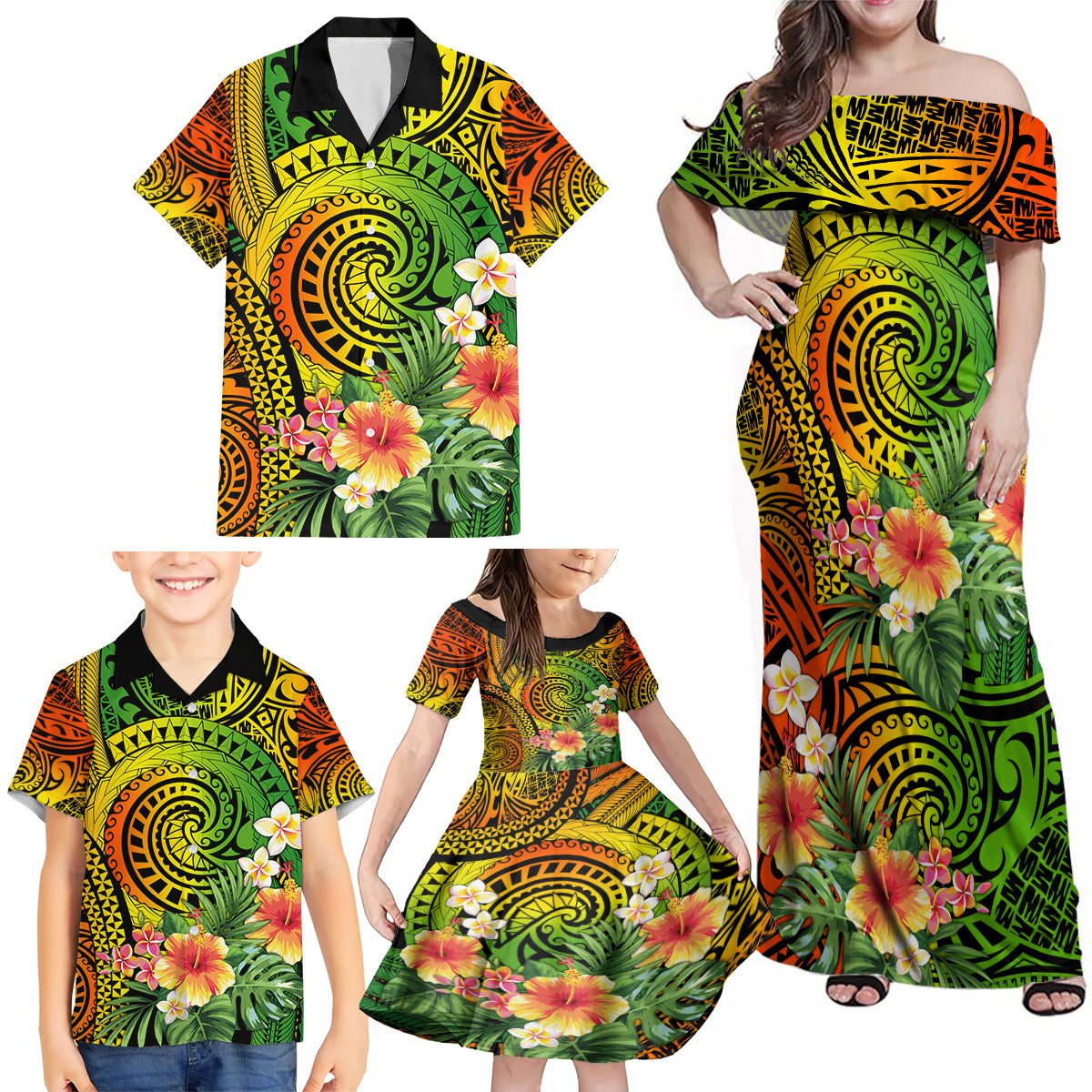 Polynesia Family Matching Off Shoulder Maxi Dress and Hawaiian Shirt Pasifika Tribal with Tropical Flowers LT9 - Polynesian Pride