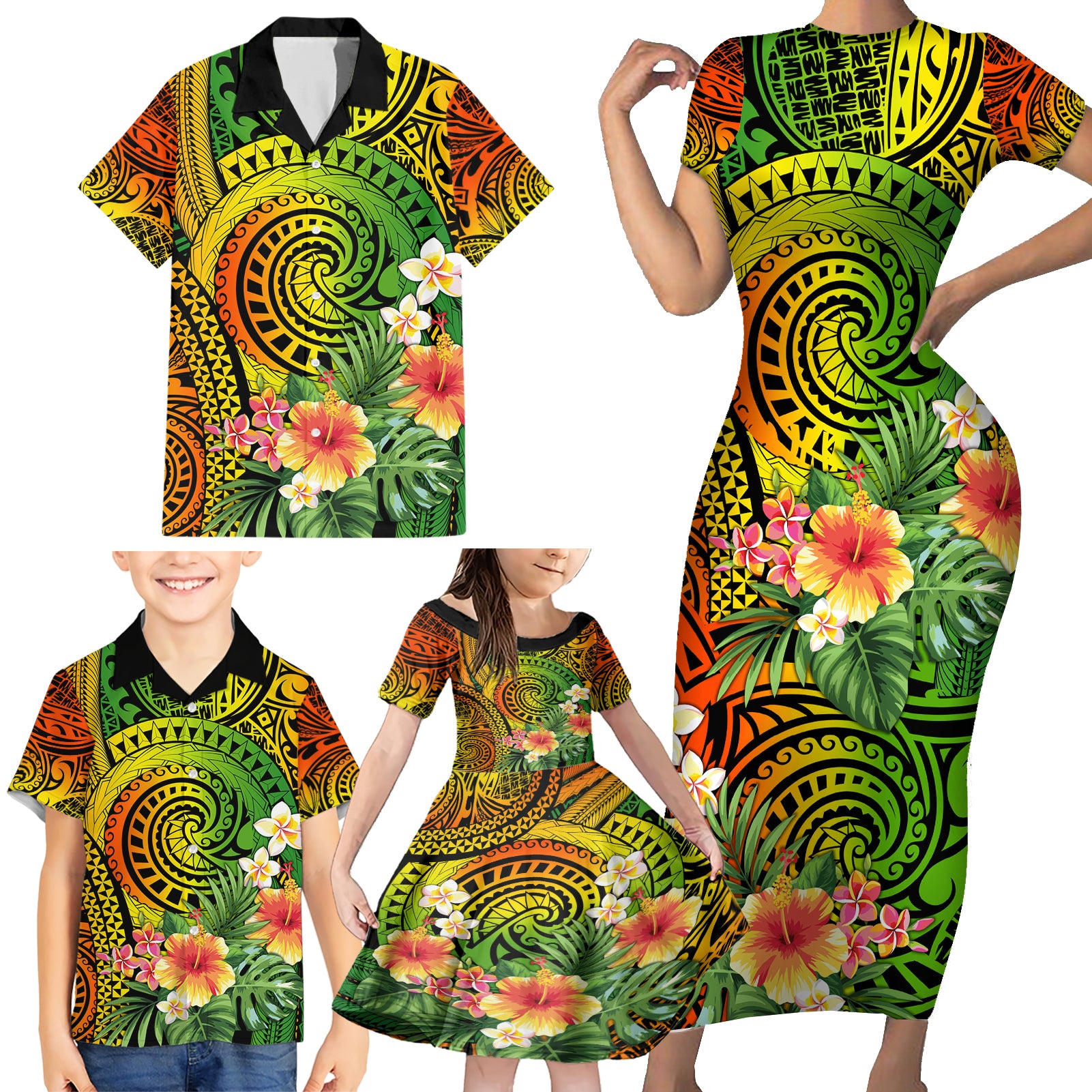 Polynesia Family Matching Short Sleeve Bodycon Dress and Hawaiian Shirt Pasifika Tribal with Tropical Flowers LT9 - Polynesian Pride