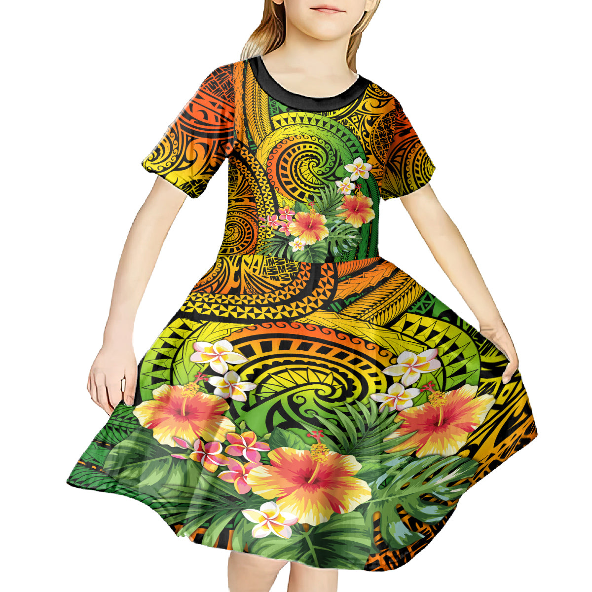 Polynesia Kid Short Sleeve Dress Pasifika Tribal with Tropical Flowers LT9 - Polynesian Pride
