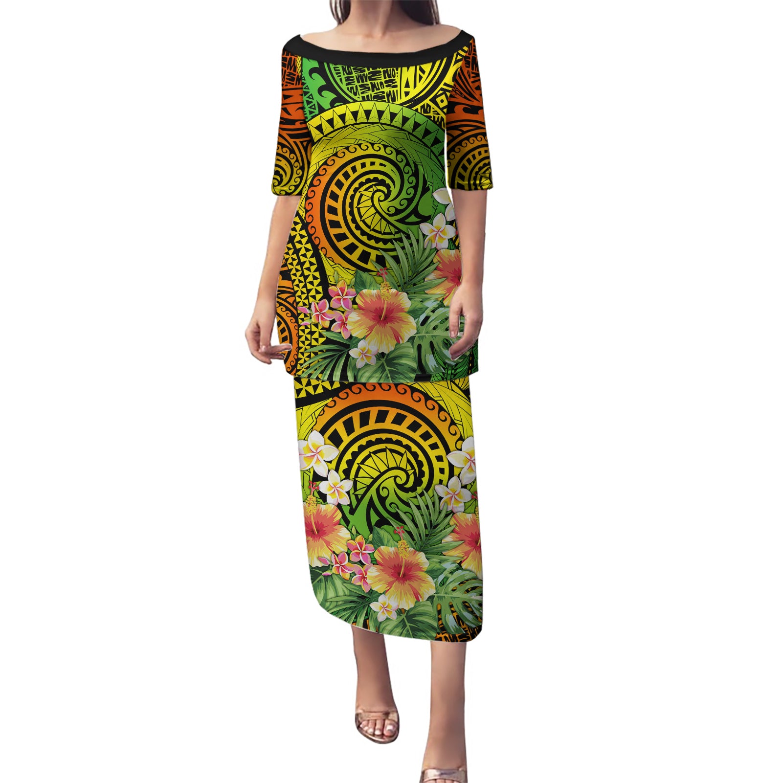 Polynesia Puletasi Pasifika Tribal with Tropical Flowers LT9 Long Dress Reggae - Polynesian Pride