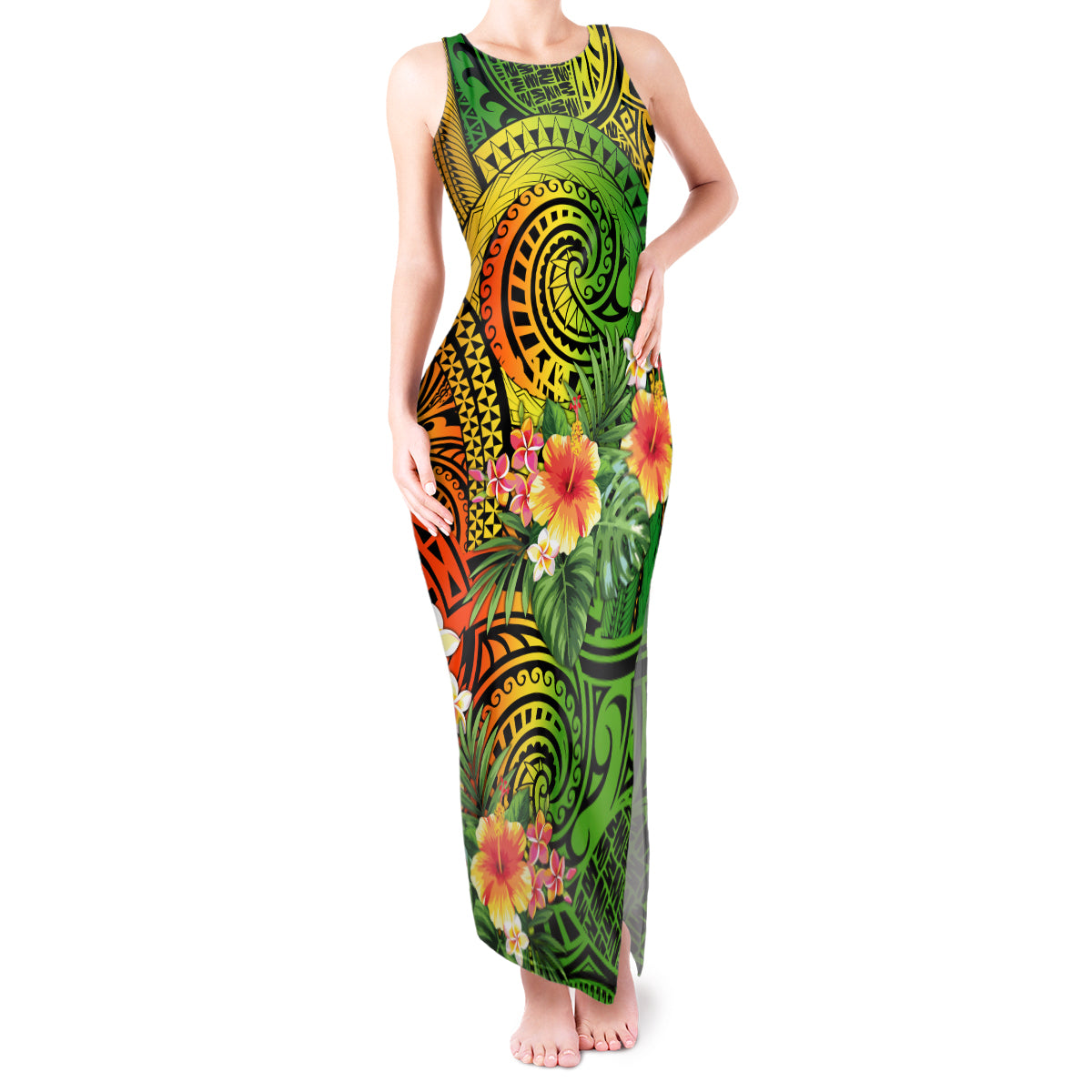 Polynesia Tank Maxi Dress Pasifika Tribal with Tropical Flowers LT9 Women Reggae - Polynesian Pride