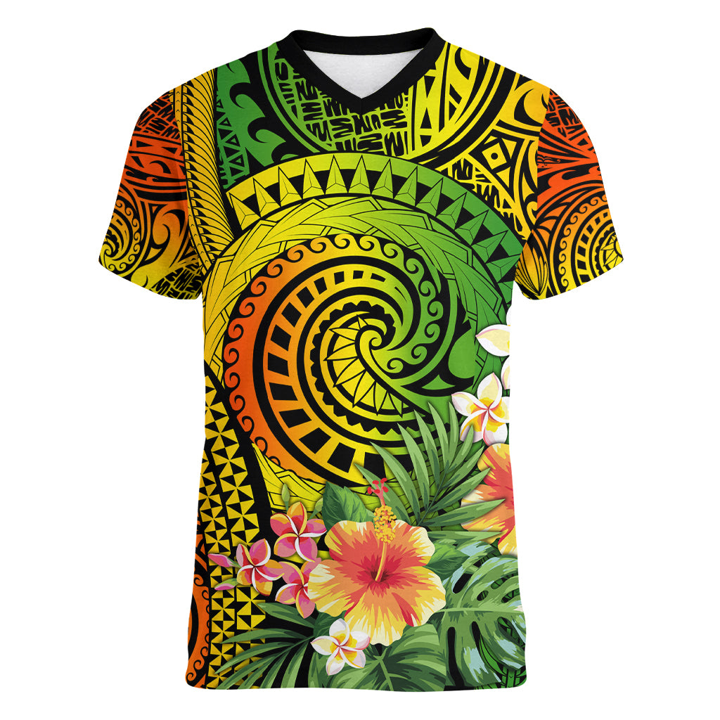 Polynesia Women V Neck T Shirt Pasifika Tribal with Tropical Flowers LT9 Female Reggae - Polynesian Pride
