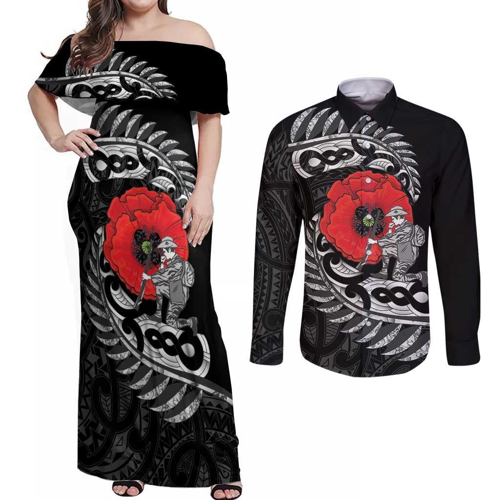 ANZAC Day Aotearoa Silver Fern Maori Personalised Couples Matching Off Shoulder Maxi Dress and Long Sleeve Button Shirt LT9 Black - Polynesian Pride