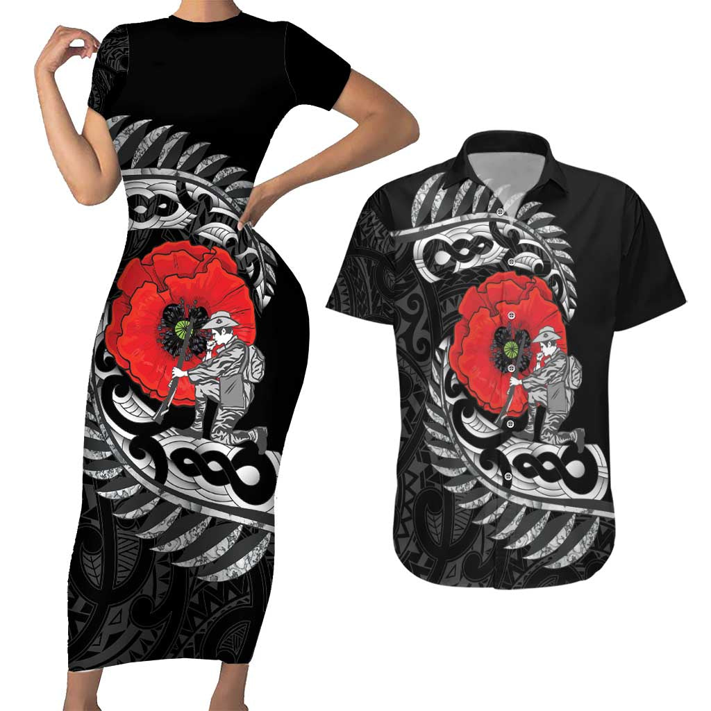 ANZAC Day Aotearoa Silver Fern Maori Personalised Couples Matching Short Sleeve Bodycon Dress and Hawaiian Shirt LT9 Black - Polynesian Pride