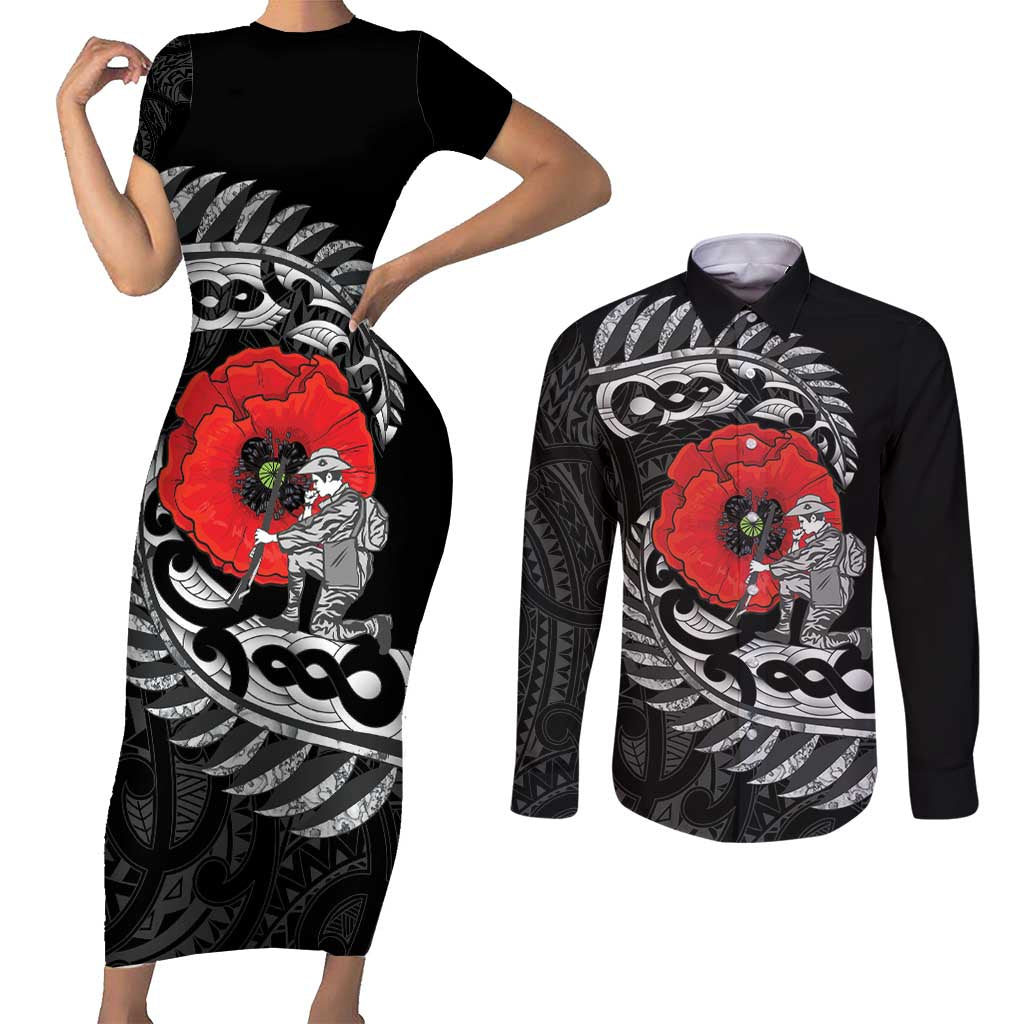 ANZAC Day Aotearoa Silver Fern Maori Personalised Couples Matching Short Sleeve Bodycon Dress and Long Sleeve Button Shirt LT9 Black - Polynesian Pride