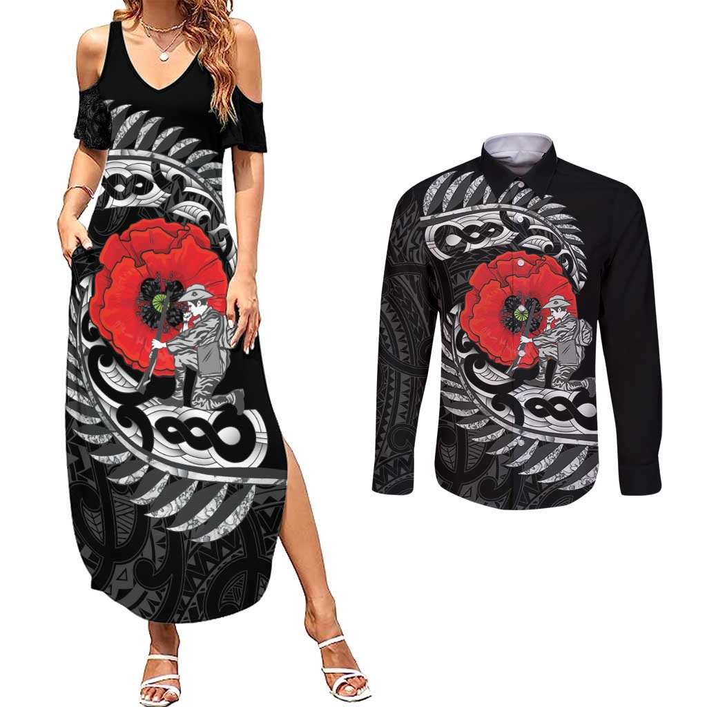 ANZAC Day Aotearoa Silver Fern Maori Personalised Couples Matching Summer Maxi Dress and Long Sleeve Button Shirt LT9 Black - Polynesian Pride