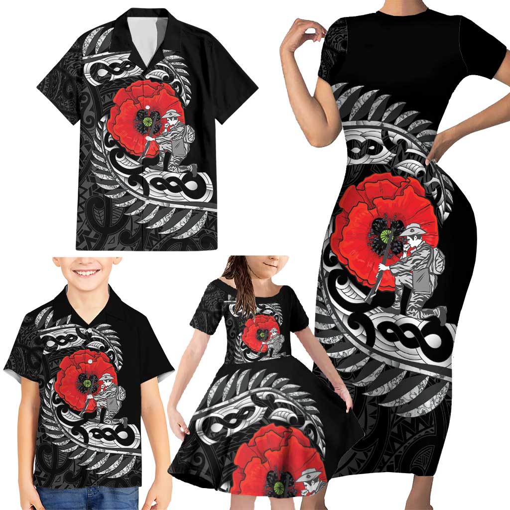 ANZAC Day Aotearoa Silver Fern Maori Personalised Family Matching Short Sleeve Bodycon Dress and Hawaiian Shirt