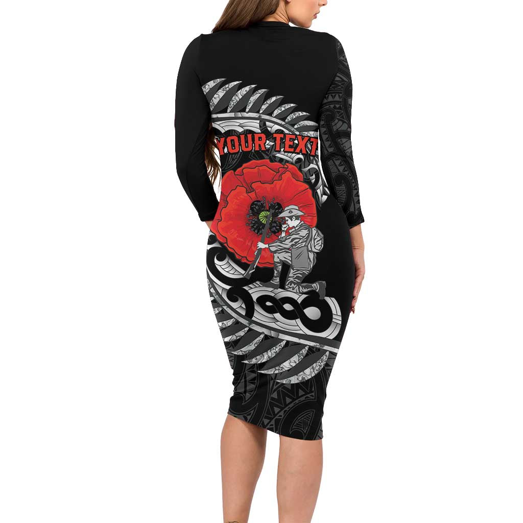 ANZAC Day Aotearoa Silver Fern Maori Personalised Long Sleeve Bodycon Dress