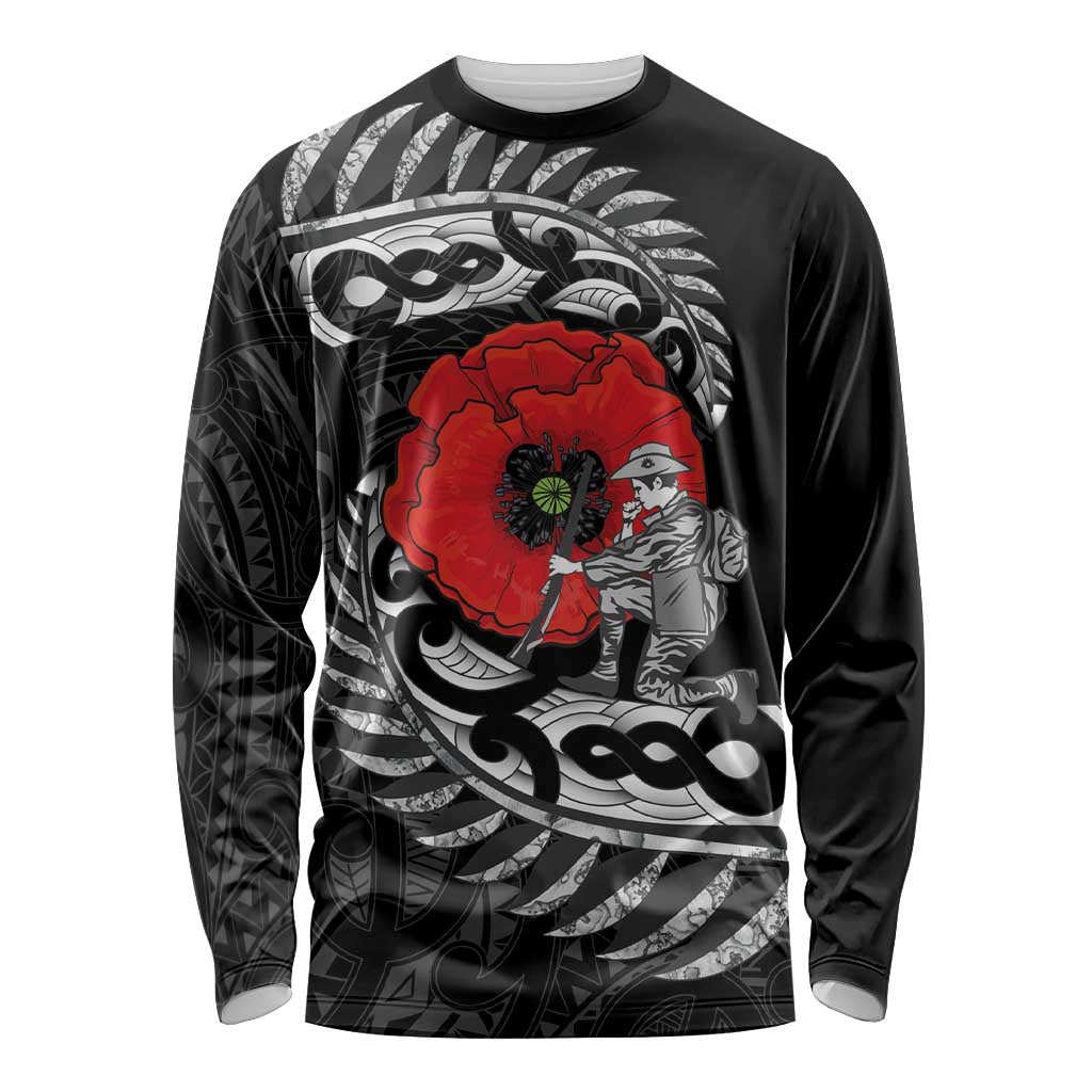 ANZAC Day Aotearoa Silver Fern Maori Personalised Long Sleeve Shirt LT9 Unisex Black - Polynesian Pride
