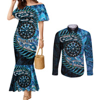 New Zealand Darts Personalised Couples Matching Mermaid Dress and Long Sleeve Button Shirt Aotearoa Silver Fern Blue Papua Shell Spirit