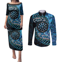 New Zealand Darts Personalised Couples Matching Puletasi and Long Sleeve Button Shirt Aotearoa Silver Fern Blue Papua Shell Spirit