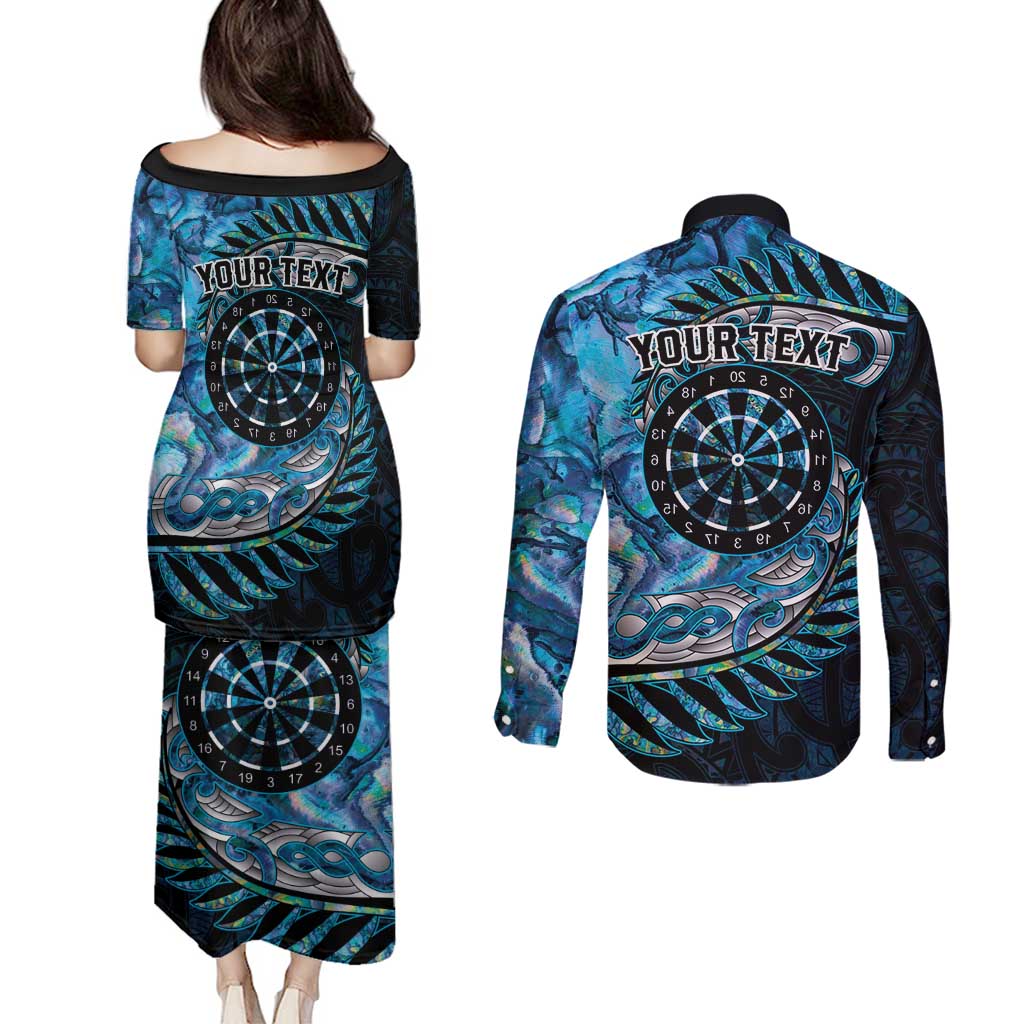 New Zealand Darts Personalised Couples Matching Puletasi and Long Sleeve Button Shirt Aotearoa Silver Fern Blue Papua Shell Spirit