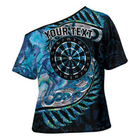 New Zealand Darts Personalised Cross Shoulder Shirt Aotearoa Silver Fern Blue Papua Shell Spirit - Polynesian Pride