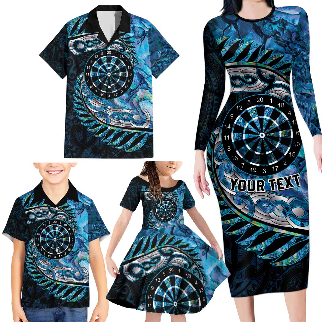 New Zealand Darts Personalised Family Matching Long Sleeve Bodycon Dress and Hawaiian Shirt Aotearoa Silver Fern Blue Papua Shell Spirit