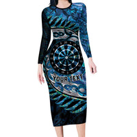 New Zealand Darts Personalised Family Matching Long Sleeve Bodycon Dress and Hawaiian Shirt Aotearoa Silver Fern Blue Papua Shell Spirit
