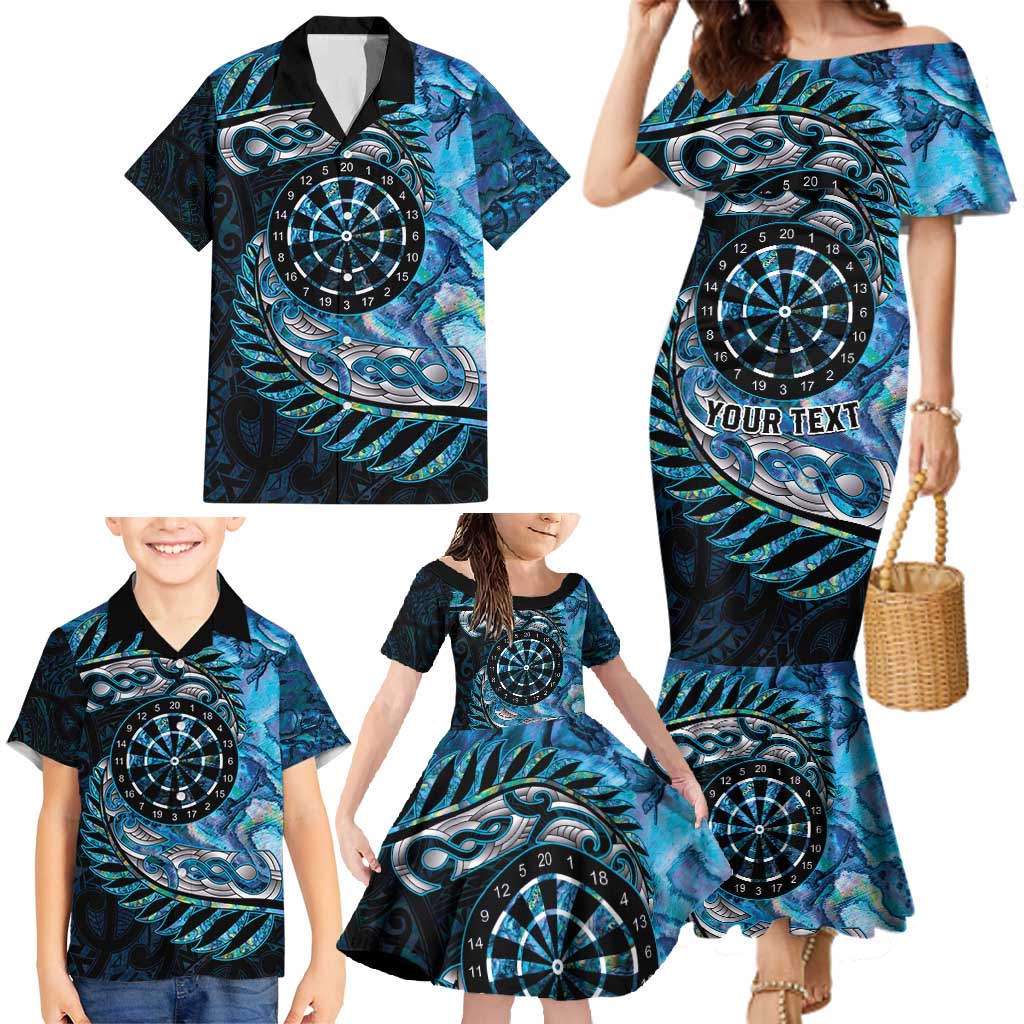 New Zealand Darts Personalised Family Matching Mermaid Dress and Hawaiian Shirt Aotearoa Silver Fern Blue Papua Shell Spirit