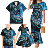 New Zealand Darts Personalised Family Matching Mermaid Dress and Hawaiian Shirt Aotearoa Silver Fern Blue Papua Shell Spirit