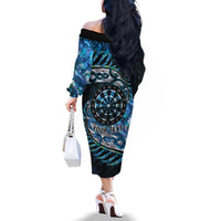 New Zealand Darts Personalised Family Matching Off The Shoulder Long Sleeve Dress and Hawaiian Shirt Aotearoa Silver Fern Blue Papua Shell Spirit