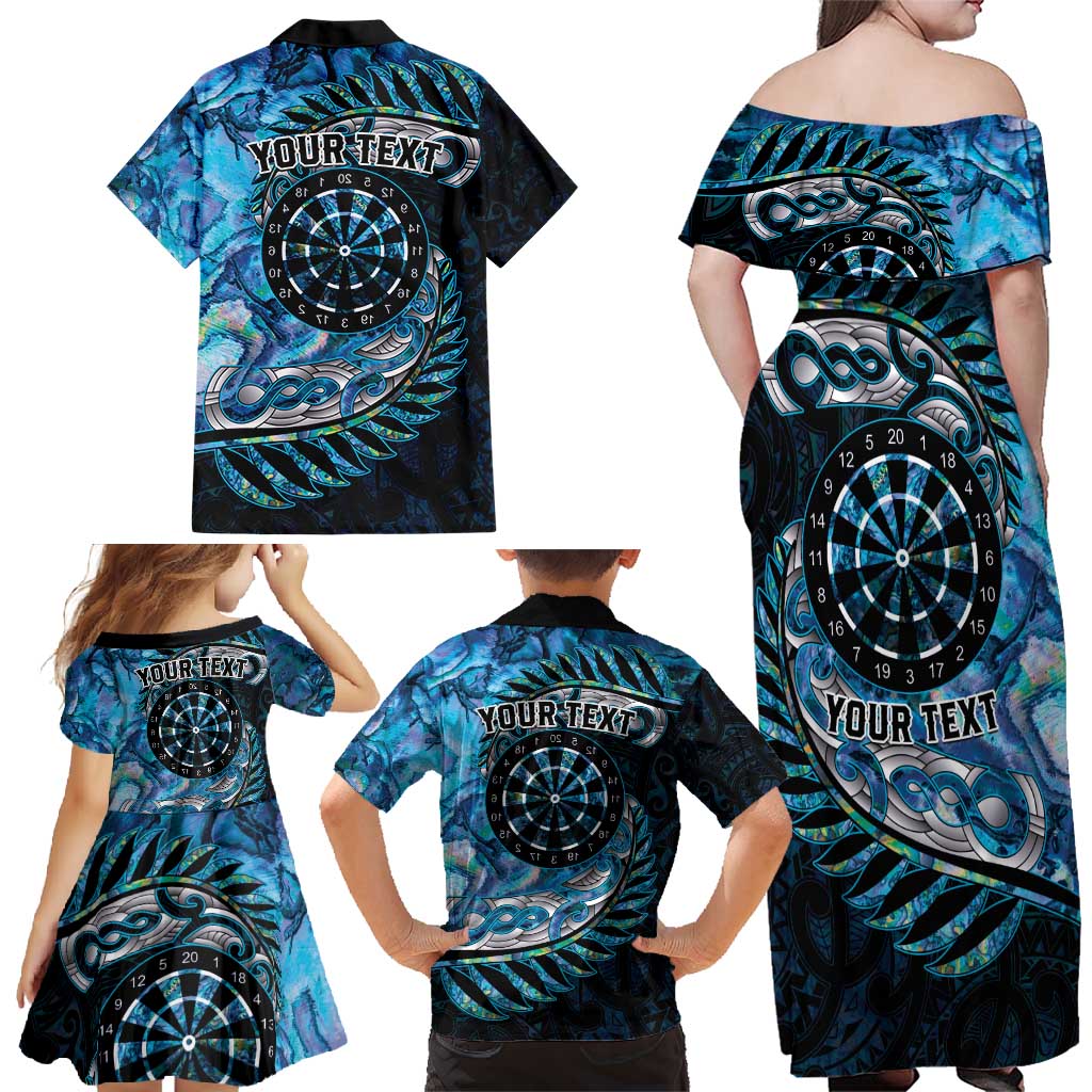 New Zealand Darts Personalised Family Matching Off Shoulder Maxi Dress and Hawaiian Shirt Aotearoa Silver Fern Blue Papua Shell Spirit