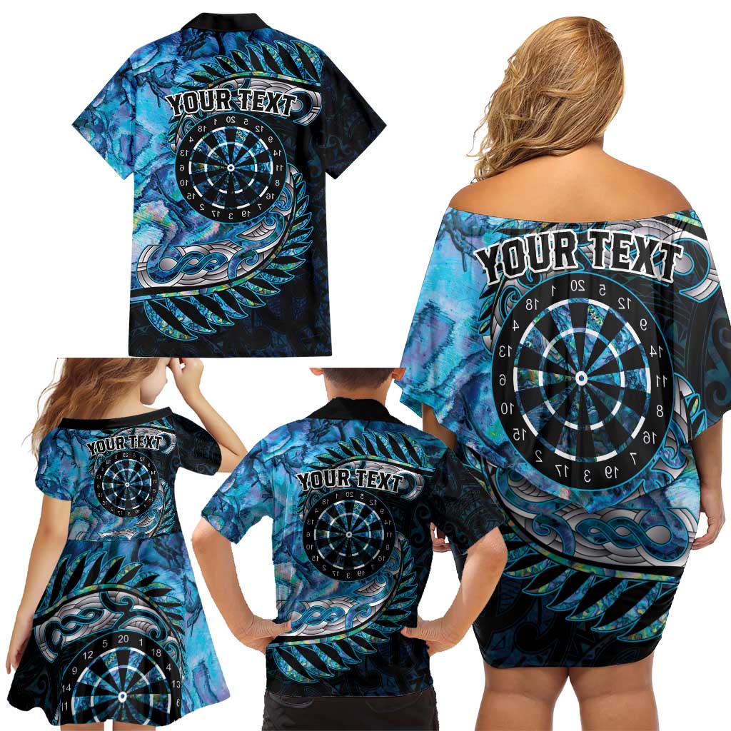 New Zealand Darts Personalised Family Matching Off Shoulder Short Dress and Hawaiian Shirt Aotearoa Silver Fern Blue Papua Shell Spirit