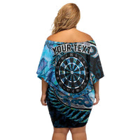 New Zealand Darts Personalised Family Matching Off Shoulder Short Dress and Hawaiian Shirt Aotearoa Silver Fern Blue Papua Shell Spirit