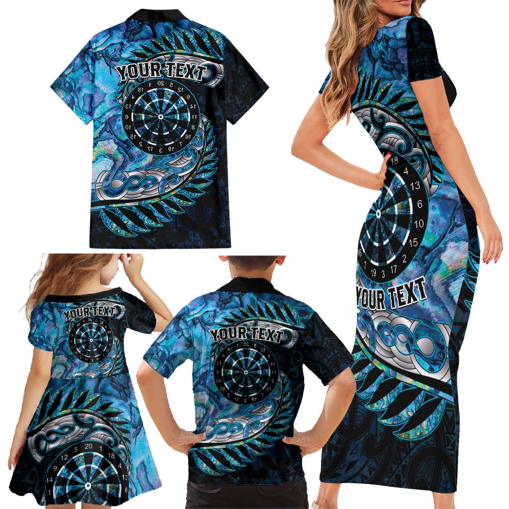 New Zealand Darts Personalised Family Matching Short Sleeve Bodycon Dress and Hawaiian Shirt Aotearoa Silver Fern Blue Papua Shell Spirit