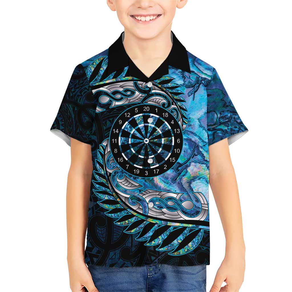 New Zealand Darts Personalised Family Matching Short Sleeve Bodycon Dress and Hawaiian Shirt Aotearoa Silver Fern Blue Papua Shell Spirit