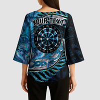New Zealand Darts Personalised Kimono Sleeve Blouse Aotearoa Silver Fern Blue Papua Shell Spirit - Polynesian Pride