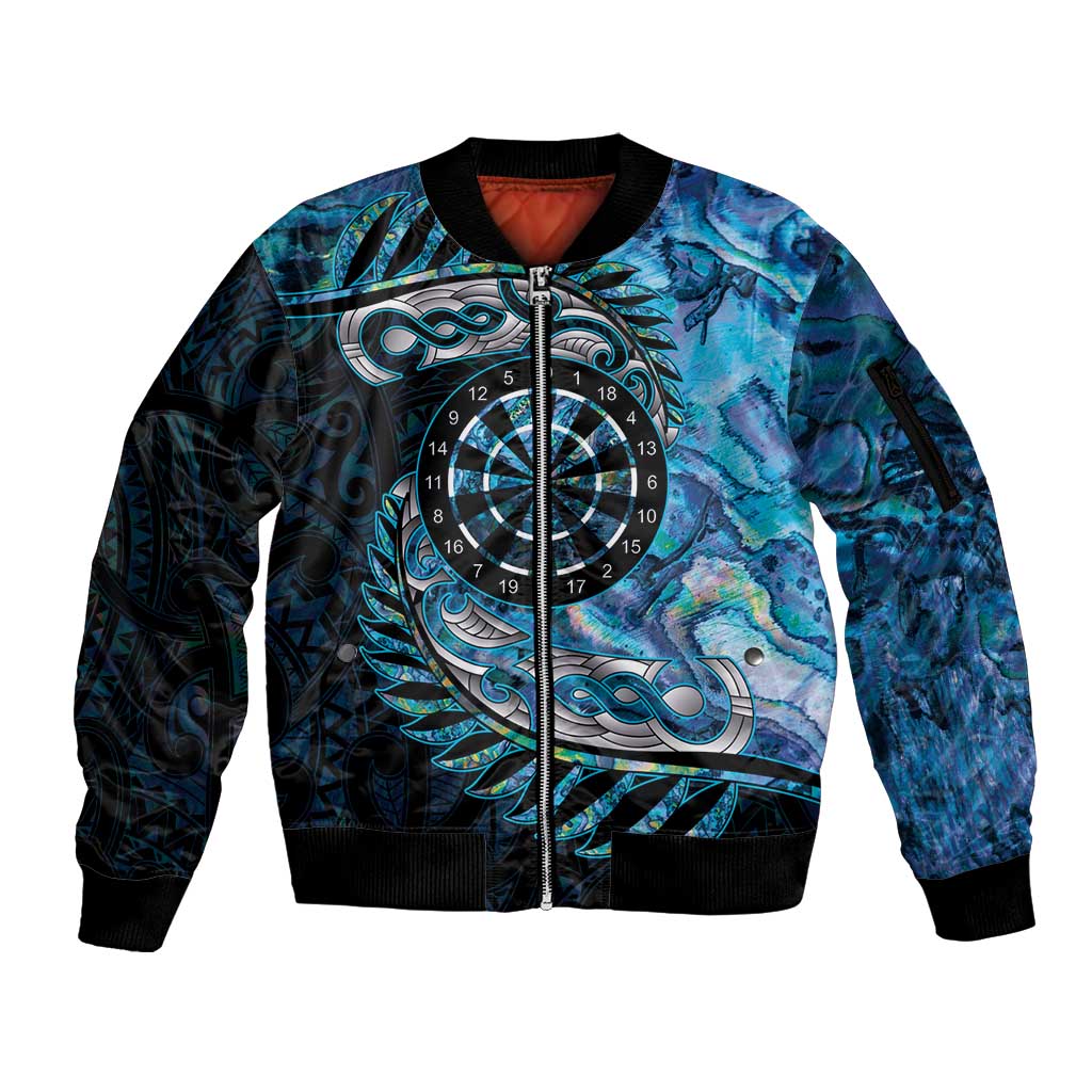 New Zealand Darts Personalised Sleeve Zip Bomber Jacket Aotearoa Silver Fern Blue Papua Shell Spirit