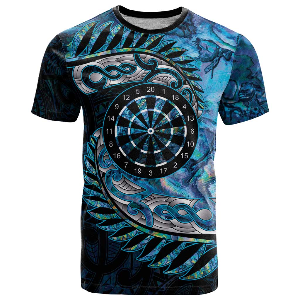 New Zealand Darts Personalised T Shirt Aotearoa Silver Fern Blue Papua Shell Spirit