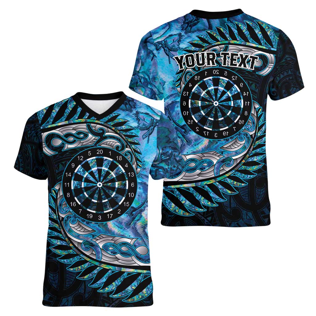 New Zealand Darts Personalised Women V-Neck T-Shirt Aotearoa Silver Fern Blue Papua Shell Spirit