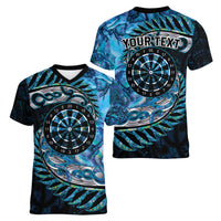 New Zealand Darts Personalised Women V-Neck T-Shirt Aotearoa Silver Fern Blue Papua Shell Spirit