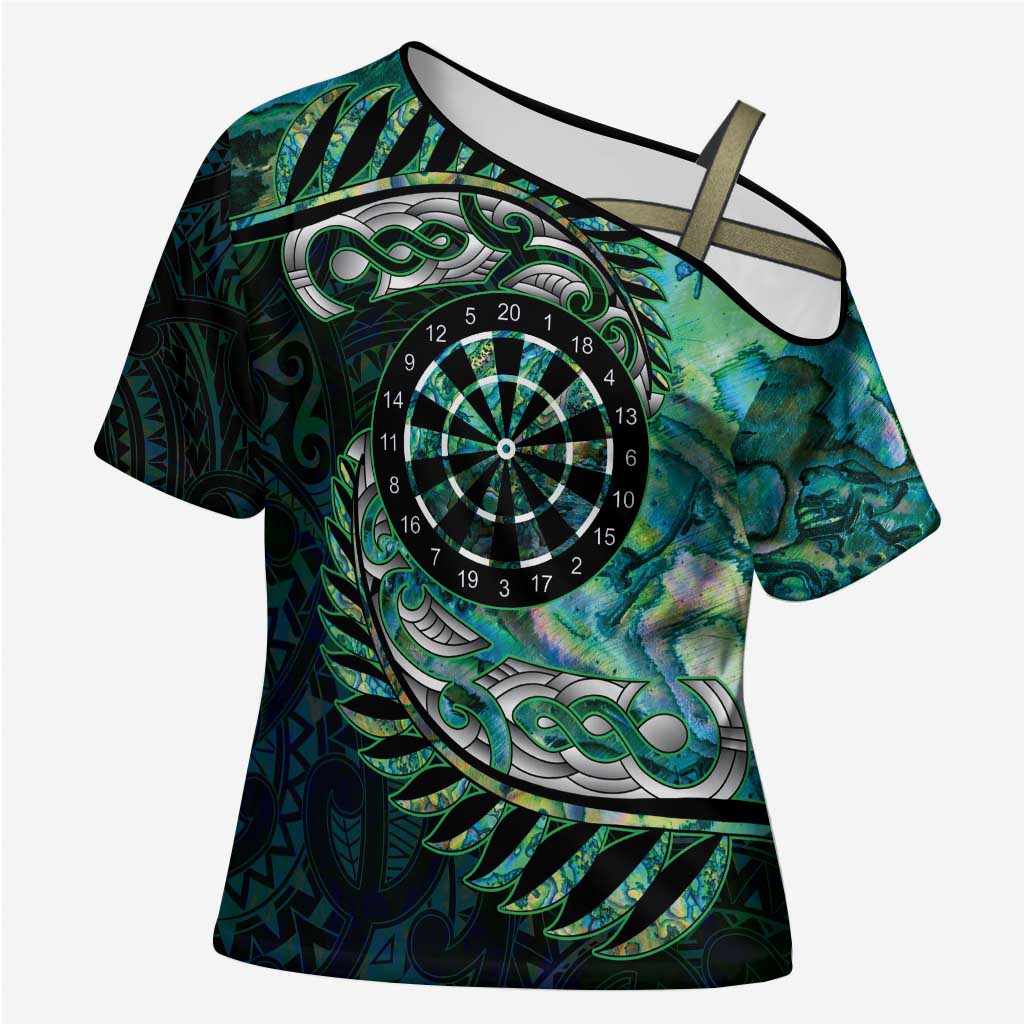 New Zealand Darts Personalised Cross Shoulder Shirt Aotearoa Silver Fern Green Papua Shell Spirit - Polynesian Pride