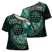 New Zealand Darts Personalised Cross Shoulder Shirt Aotearoa Silver Fern Green Papua Shell Spirit - Polynesian Pride