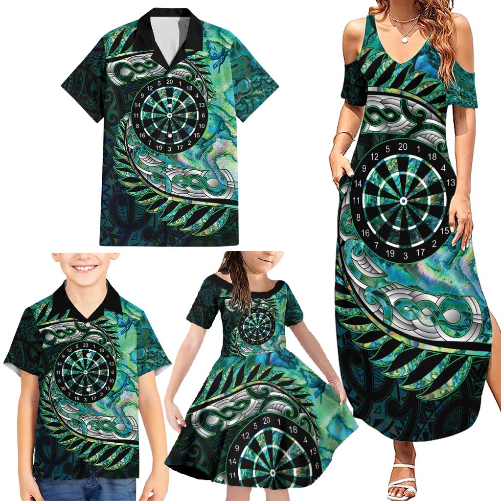 New Zealand Darts Personalised Family Matching Summer Maxi Dress and Hawaiian Shirt Aotearoa Silver Fern Green Papua Shell Spirit