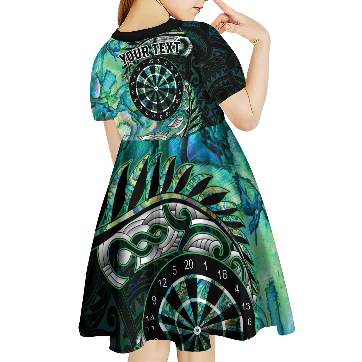 New Zealand Darts Personalised Kid Short Sleeve Dress Aotearoa Silver Fern Green Papua Shell Spirit