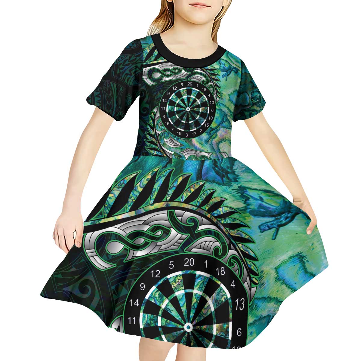 New Zealand Darts Personalised Kid Short Sleeve Dress Aotearoa Silver Fern Green Papua Shell Spirit