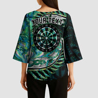New Zealand Darts Personalised Kimono Sleeve Blouse Aotearoa Silver Fern Green Papua Shell Spirit - Polynesian Pride