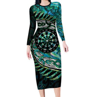 New Zealand Darts Personalised Long Sleeve Bodycon Dress Aotearoa Silver Fern Green Papua Shell Spirit