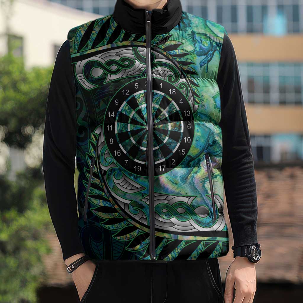 New Zealand Darts Personalised Sleeveless Puffer Jacket Aotearoa Silver Fern Green Papua Shell Spirit - Polynesian Pride
