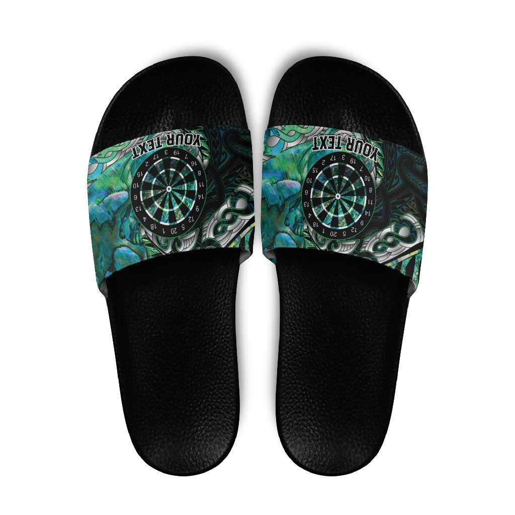 New Zealand Darts Personalised Slide Sandals Aotearoa Silver Fern Green Papua Shell Spirit - Polynesian Pride