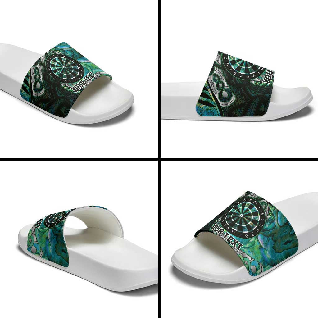 New Zealand Darts Personalised Slide Sandals Aotearoa Silver Fern Green Papua Shell Spirit - Polynesian Pride